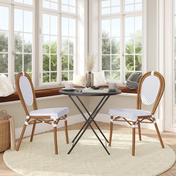 Flash Furniture Lourdes Thonet French Bistro Stacking Chair, White/Gray PE Rattan/Bamboo Print Alum Frame, 2PK 2-SDA-AD642002S-WHGY-NAT-GG - main